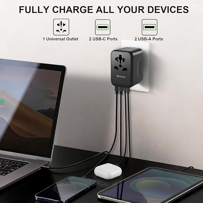Realmade 35W PD International Travel Adapter 5-Port Type C G I A Black Gray | 5-Port 1AC 2USB-A 2USB-C all-in-one international plug for EU US UK travel essential