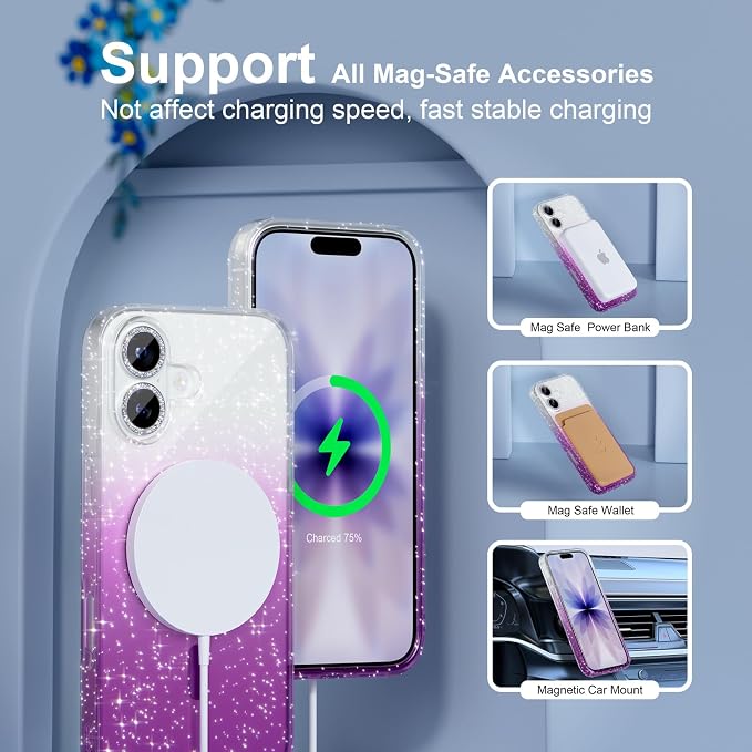 Choiche Magnetic for iPhone 17 Case Compatible with MagSafe, Women Cute Glitter Sparkly Phone Case with Diamond Camera Lens Protectors, Military-Grade Drop Protection 6.3" (Clear/Purple)