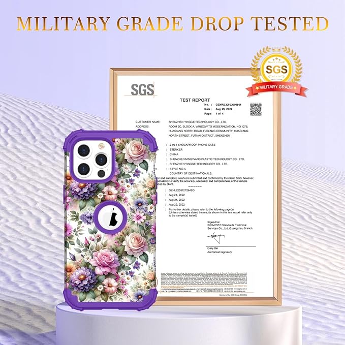 Hocase for iPhone 15 Pro Case, Heavy Duty Shockproof Protection Soft Silicone Rubber Bumper+Hard Plastic Hybrid Protective Case for iPhone 15 Pro 6.1" 2023 - Purple Pink Flowers