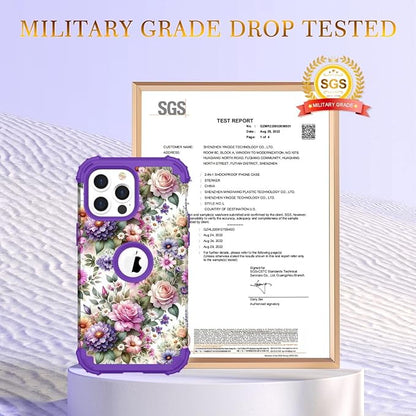 Hocase for iPhone 15 Pro Case, Heavy Duty Shockproof Protection Soft Silicone Rubber Bumper+Hard Plastic Hybrid Protective Case for iPhone 15 Pro 6.1" 2023 - Purple Pink Flowers