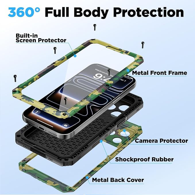 Beasyjoy for iPhone 17 Pro Case Waterproof, Heavy Duty Metal Full Body Protection, Built-in Screen Protector, Military Grade Shockproof Dustproof Rugged Cover for iPhone 17 Pro 6.3", Camo