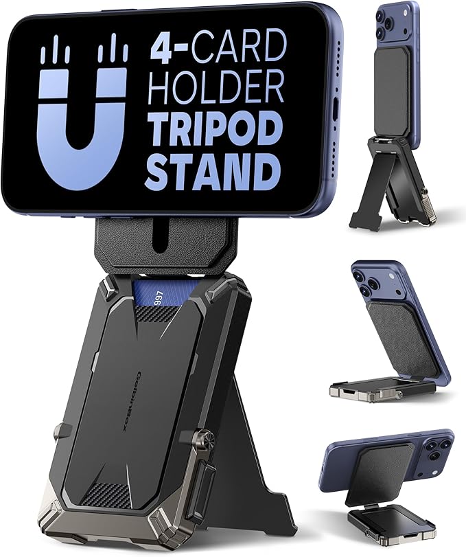 GolbinBox for MagSafe Wallet with Stand, Magnetic Phone Card Holder for Men, Holds 4 Cards with RFID Blocking, Slide-Open Metal Cover, Built-in Kickstand for iPhone 17/16/15/14/13/12 Series, Black