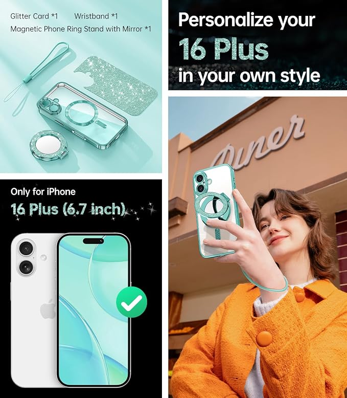 Meifigno Magnetic Case with Removable Phone Ring Stand for iPhone 16 Plus, [Glitter Card & Wrist Strap] [MagSafe Compatible] [Built in Mirror] Magnetic Phone Ring Holder + 16 Plus Case Kit, Teal