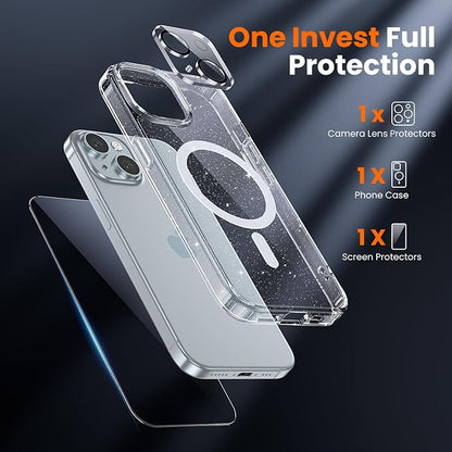 3 in 1 for iPhone 15 Case Clear with MagSafe, Not Yellowing, Screen Protector*1 Camera Lens Protector*1, Military-Grade Protection for iPhone 15 Phone Case 6.1 inch Clear Glitter