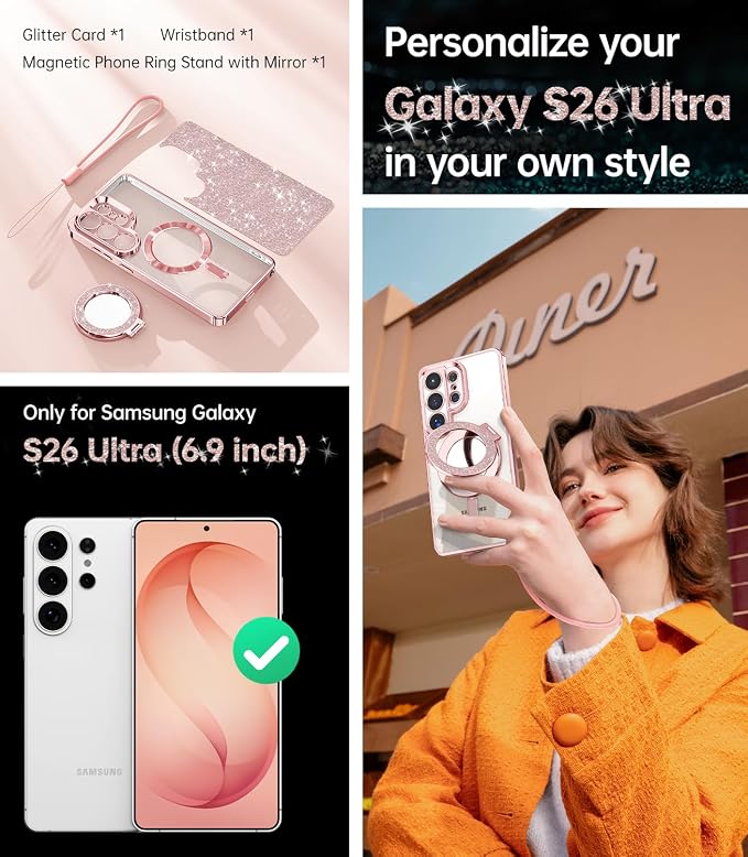 Meifigno Magnetic Case for Samsung Galaxy S26 Ultra 6.9" + Removable Phone Grip Kit, [Phone Ring Holder with Built-in Mirror] [Compatible with MagSafe] [Glitter Card & Wrist Strap], Rose Gold