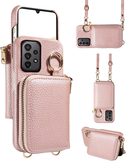 Wallet Case for Samsung Galaxy A33 5G with Shoulder Strap Ring Buckle, Luxury PU Leather Zipper Flip Organ Purse Credit Card Holder Stand Full Body Cell Phone Cover for A 33 33A Women Rose Gold