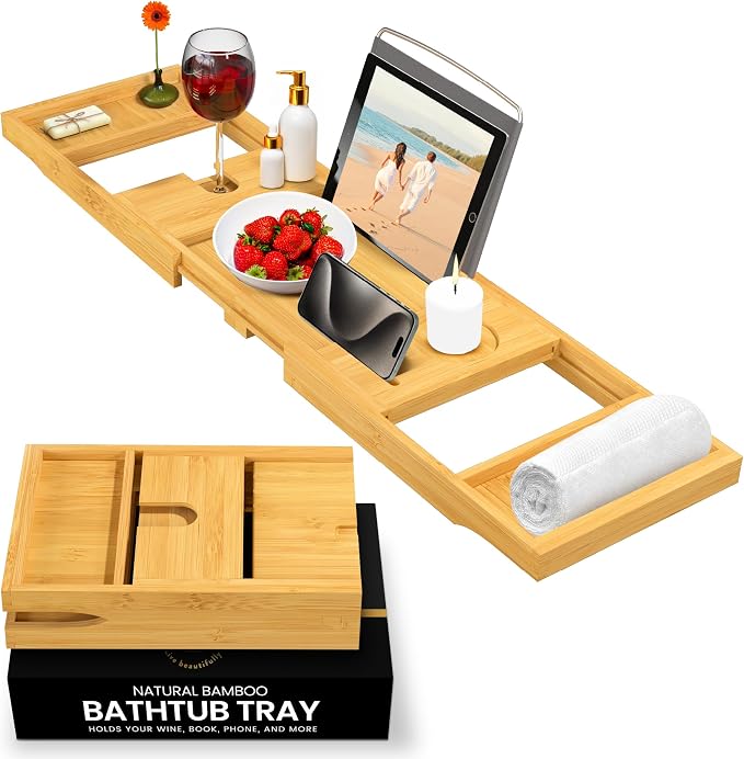 Wooden Bathtub Tray - Foldable Expandable Bamboo Bath Tray for Tub with Wine Holder, Book & Tablet Stand - Bath Caddy for Bathtub, Spa Bath Accessories for Women, Tub Tray Table, Gift for Her or Him