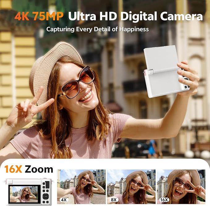 4K Digital Camera for Photography, 75MP WiFi Vlogging Camera for YouTube, 3'' 180° Flip Screen, Anti Shake Auto Focus 16X Zoom, 2500 mAh Battery, Point and Shoot Cameras for Kids Beginner, 32GB, Pink