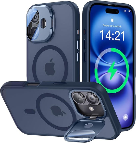 [Upgraded] for iPhone 16 Case with Camera Cover Stand [Fit for MagSafe][9H Camera Lens Protector] Mil-Grade Protection Translucent Matte Silicone Magnetic iPhone 16 Phone Case, Blue