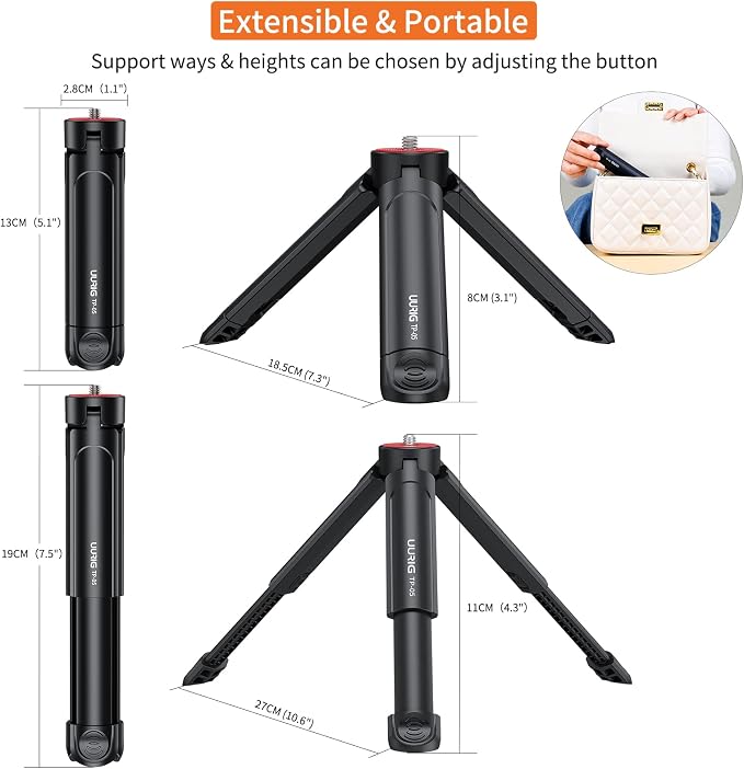UURIG TP05 Extendable Mini Camera Tripod, Portable Selfie Stick Handle Grip Desktop Webcam Tripod with 1/4" Screw for DSLR Camera Webcam Phone Holder Selfie Stick Vlog Tripod