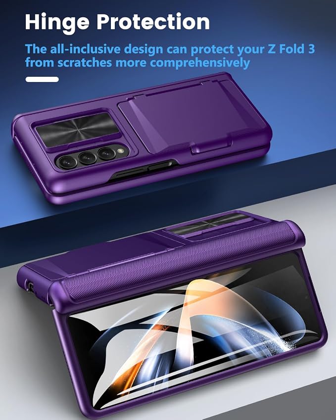 Viaotaily for Galaxy Z Fold 4 Case with Card Holder & Slide Camera Cover, Built-in Screen Protector & Hinge Protection, Shockproof Durable Wallet Phone Case for Galaxy Z Fold 4, Dark Purple