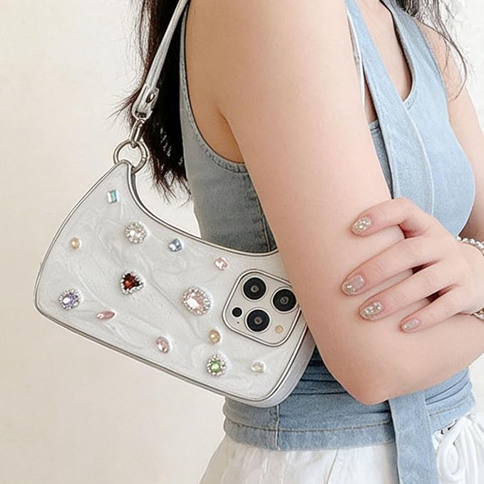 Ethereal Gemstone Aura Handbag for iPhone Case, 3D Cute Luxury Bling Diamond Crystal Rhinestone Handbag Phone Case for iPhone 17/16/15 Pro Max (13,White)