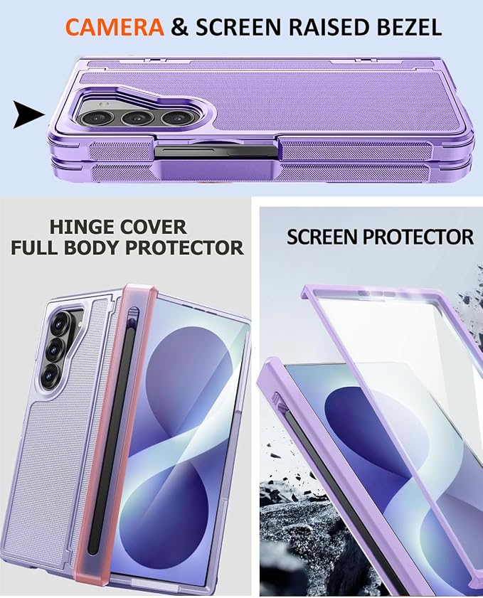 NINKI for Samsung Galaxy Z Fold 8 Ultra Case with S Pen Holder & Stylus & Hidden Kickstand, Magnetic Screen Protector Hinge Phone Cover for Samsung Z Fold 8 Ultra Case with Slim S Pen Slot – Purple