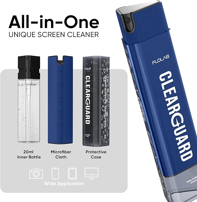 FLOLAB Clear Guard Screen Cleaner for iPhone, Mobile Phone, Laptop, Tablet, Spray and Microfiber Cloth All in one, Easy to Clean, Portable - Sapphire Blue