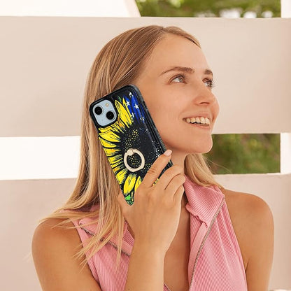 HAOPINSH for iPhone 13/ iPhone 14 Wallet Case with Card Holder, 360°Rotation Ring Kickstand, American Flag Sunflowers Pattern, RFID Blocking Leather for Girls Women, Double Buttons Flip Cover 6.1"