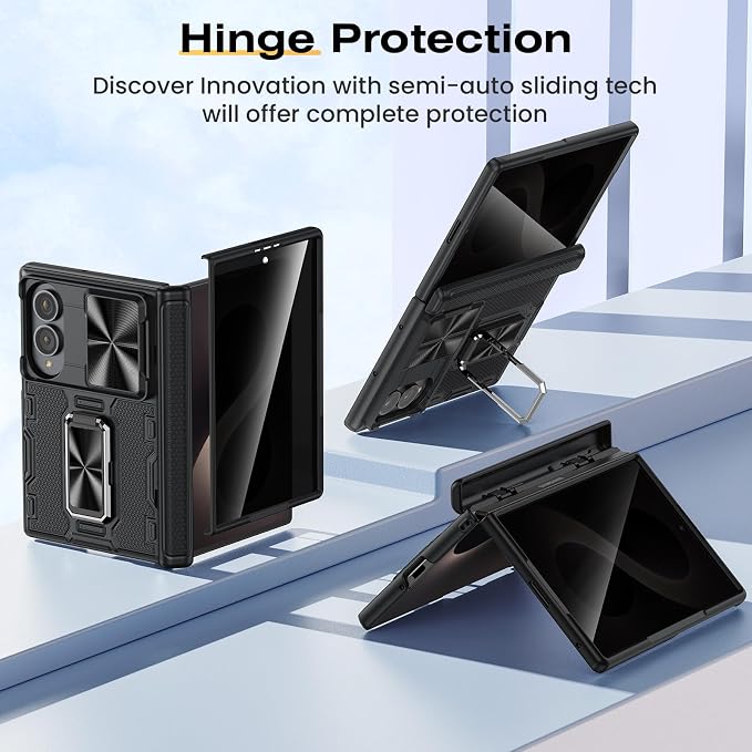 VEGO for Samsung Fold 8 Case with Privacy Screen Protector Anti-Peeping | Hinge Protection[Slide Camera Cover]Military-Grade Shockproof Protective Rugged Stand Case for Galaxy Z Fold 8 -Black