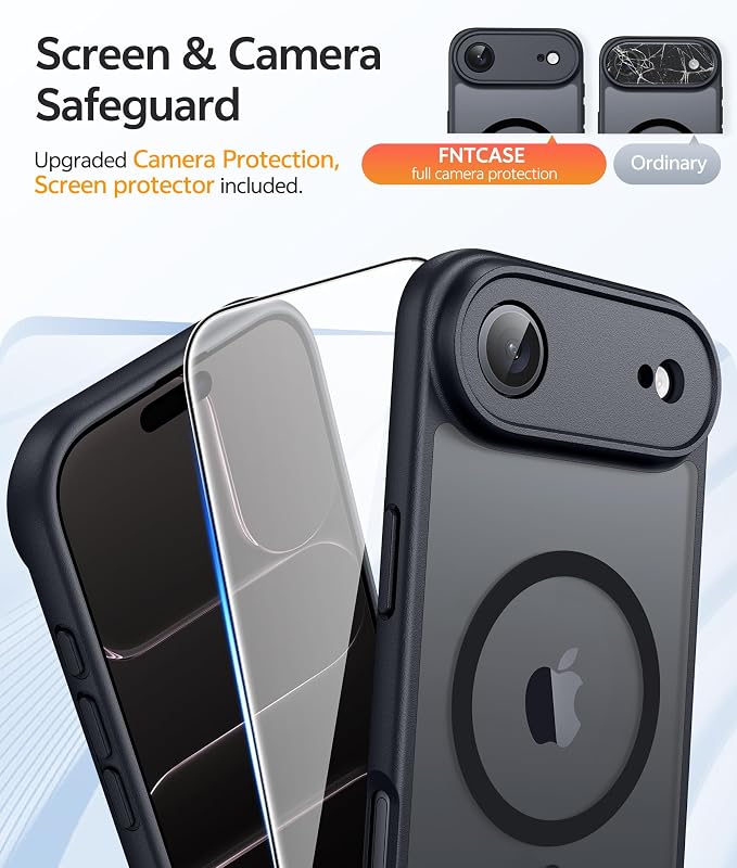 FNTCASE for iPhone Air Case: [Compatible with Magsafe] Translucent Matte Cases with [Full Camera Protection] [Screen Protector] Military Grade Shockproof Protective Phone Cover - Black