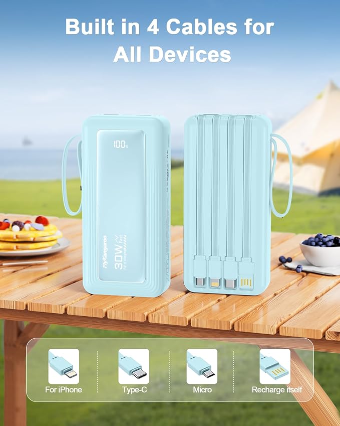 Portable Charger with Built-in Cables, 27000mAh Slim 30W Fast Charging Power Bank with LED Display, USB C Battery Pack 6 Outputs & 2 Inputs, Travel Essential Charger for iPhone, Samsung, Google etc