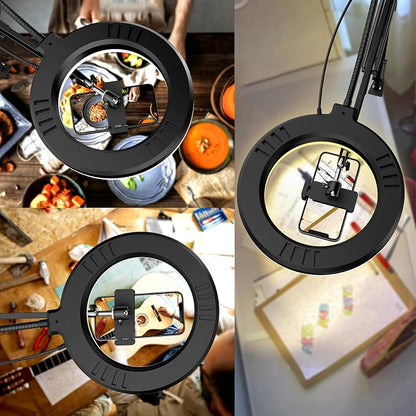 Overhead Camera Mount with Ring Light, 6‘’ Overhead Phone Mount Compatible with iPhone Camera Webcam, Articulating Arm Phone Mount for YouTube Live Stream Cooking Nail Video Recording