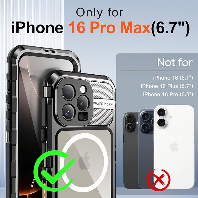WIFORT for iPhone 16 Pro Max Waterproof Case - Metal Heavy Duty [Built-in Screen Protector] [14FT Military Shockproof] [Fit for MagSafe], IP68 Full Body Rugged Water Proof Magnetic Cover, 6.9" Black