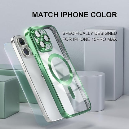 Misea Magnetic for iPhone 15 Pro Max Case with MagSafe [Never Yellowing] [Military Grade Drop Protection] Full Camera Lens Protector Plating Soft Clear Phone Case for Women Girls, Green