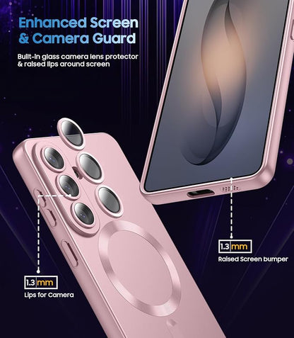 Magnetic for Samsung Galaxy S26 Case [Compatible with MagSafe][Built-in Camera Lens Protector] Slim Soft Silicone Bumper Shockproof Metallic Luster Phone Case, Rose Gold