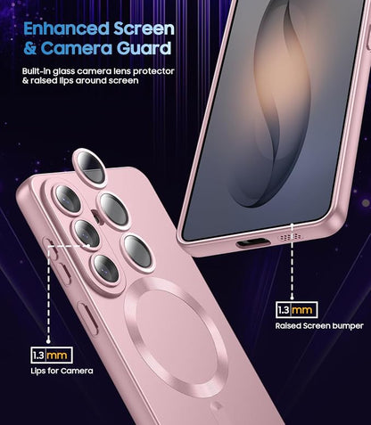 Magnetic for Samsung Galaxy S26 Plus Case [Compatible with MagSafe][Built-in Camera Lens Protector] Slim Soft Silicone Bumper Shockproof Metallic Luster Phone Case, Rose Gold