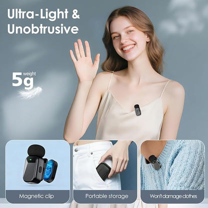 Mini Wireless Lavalier Microphones for iPhone 15/16/17 & Android, 30H Battery Life with Charging Case, Lapel Microphone Wireless for Video Recording Vlogging