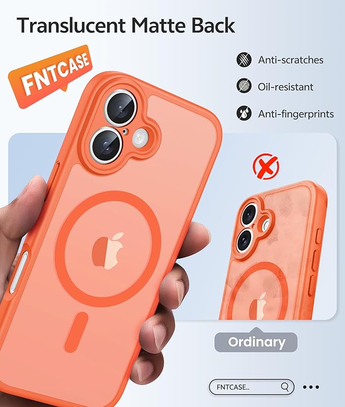 FNTCASE for iPhone 17 Case: [Compatible with Magsafe] Translucent Matte Cases with [Full Camera Protection] [Screen Protector] Military Grade Shockproof Protective Phone Cover - Orange