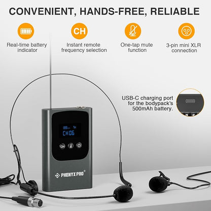 Phenyx Pro Single Digital Wireless Microphone System, w/Mini Receiver, Bodypack Transmitter,15 Channels in 900MHz UHF Band, Headset/Lapel Microphone for Karaoke, Singer, Church, Wedding (PDP-1-1B)