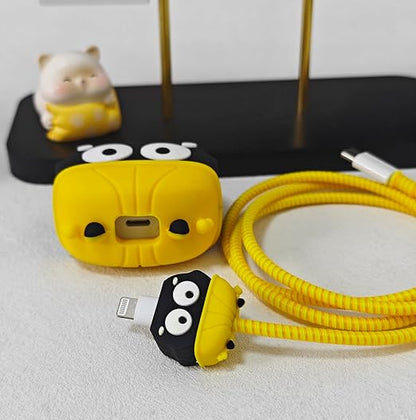 Compatible with iPhone 18W/20W USB-C Charger Protector Cover, 3D Cute Cartoon Charger Case for Apple iPhone 20W USB-C Power Adapter and Lightning Cable Protective Wire Saver (Yellow Hat Black)