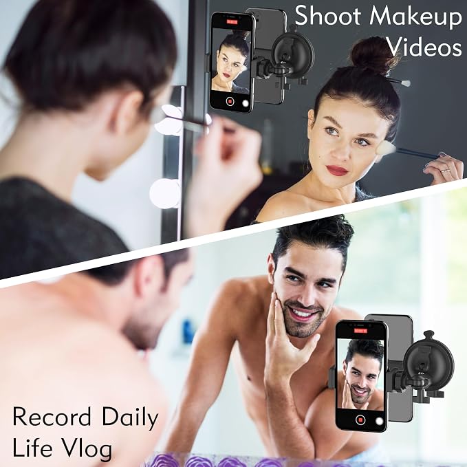Shower Mirror Phone Holder, Suction Cup Mirror Phone Mount for Shower Bathroom Glass Kitchen Tile, TikTok YouTube Instagram Make Up Vlog Video Content Creator Essentials