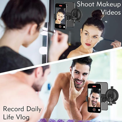 Shower Mirror Phone Holder, Suction Cup Mirror Phone Mount for Shower Bathroom Glass Kitchen Tile, TikTok YouTube Instagram Make Up Vlog Video Content Creator Essentials