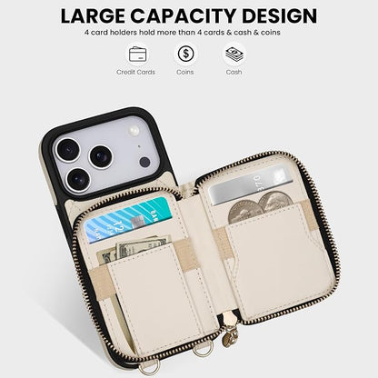 Keallce Case for iPhone 17 Pro 6.3'' Wallet Case, Crossbody Zipper Purse with Wrist Strap Lanyard Handbag, RFID Blocking Card Holders, Kickstand Flip Leather Cover for iPhone 17 Pro, Beige