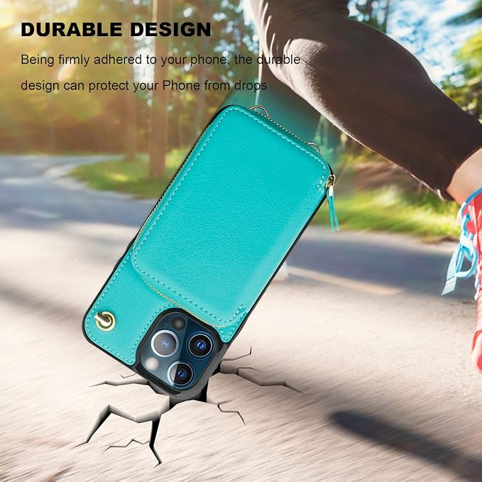Bocasal Crossbody Wallet Case for iPhone 13 Pro Max, RFID Blocking Leather Purse Case with Card Holder, Protective Handbag Flip Cover with Zipper Wrist Strap Lanyard for Women 5G 6.7 Inch (Mint Green)