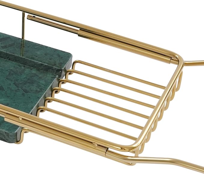 Expandable Bathtub Tray Caddy for Luxury Bath, Extra Wide Acrylic Tub Tray with Natural Marble Board, Waterproof Bath Tub Shelf for Phone, Wine, Book, Tablet Stand - Ideal Home Spa (Gold, Green)