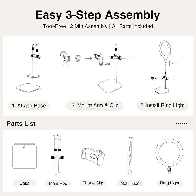 Overhead-Phone-Mount,Stable Overhead-Camera-Mount-Stand [Anti-Shaking] with 10.5" Ring Light, Flexible Desk-Stand for iPhone with Ring-Light for Video-Recording,Zoom Meeting,YouTube,TikTok, White