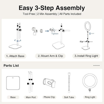 Overhead-Phone-Mount,Stable Overhead-Camera-Mount-Stand [Anti-Shaking] with 10.5" Ring Light, Flexible Desk-Stand for iPhone with Ring-Light for Video-Recording,Zoom Meeting,YouTube,TikTok, White