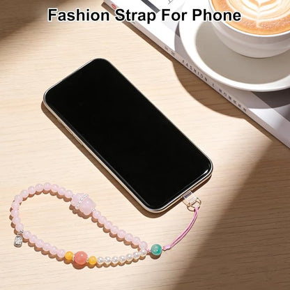 TEAMOLA Natural Stone Phone Charm, Handmade Crystal Cellphone Chain for Universal, Beaded Healing Anti Theft Phone Wrist Strap with Tether Tab, Rose Quartz & Amazonite & Yellow Agate & Shell Beads