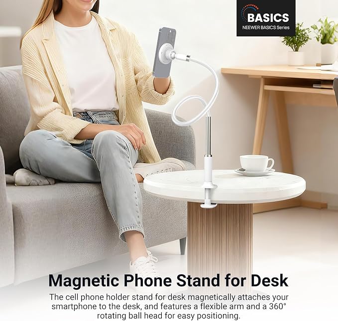 NEEWER Basics Magnetic Phone Stand for Desk, 360° Overhead Table Cellphone Holder Clamp Mount with Flexible Arm, Compatible with MagSafe iPhone Android Samsung for Bed Video Recording, PA151 White