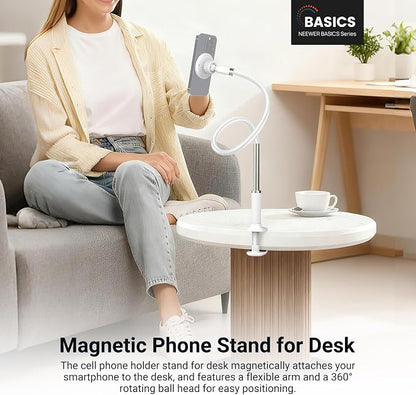 NEEWER Basics Magnetic Phone Stand for Desk, 360° Overhead Table Cellphone Holder Clamp Mount with Flexible Arm, Compatible with MagSafe iPhone Android Samsung for Bed Video Recording, PA151 White