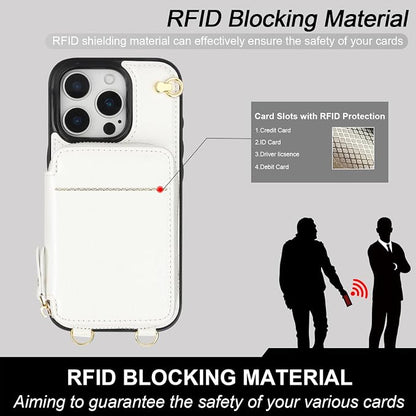 Bocasal Crossbody Wallet Case for iPhone 16 Pro, RFID Blocking Leather Purse Case with Card Holder, Protective Handbag Flip Cover with Zipper Wrist Strap Lanyard for Women 5G 6.3 Inch (White)