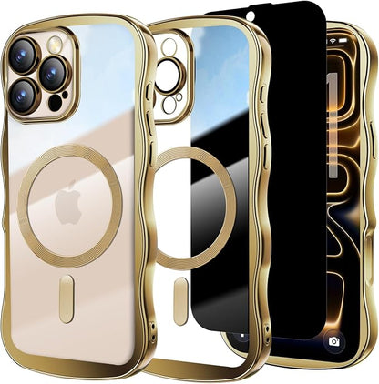 Misscase Designed for iPhone 16 Pro Max Case 6.9",with Privacy Screen Protector*1,Cute Wave Frame Case with Camera Lens Protector,Compatible with MagSafe Plating Bling for Women Gold