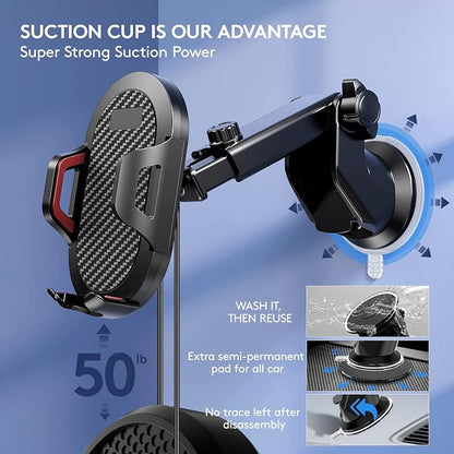 Car Phone Holder Mount, [Strong Suction Cup] [Military Grade Durable] for Windshield and Dashboard, Adjustable Long Arm Compatible with iPhone 17 16 15 14 Pro Max and All Smartphones,Red