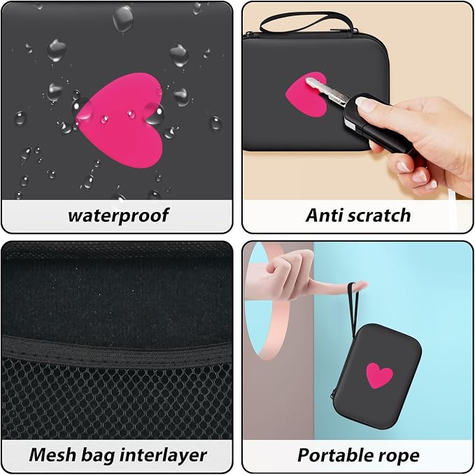 CameCosy DIY Phone Charger Case Storage Sets Cable Protector USB-C Earphone Wire Saver with Hot Pink Love Travel Storage Bag, Cute Cable Charger Protector Cord Organizer for iPhone (Black Love Heart)