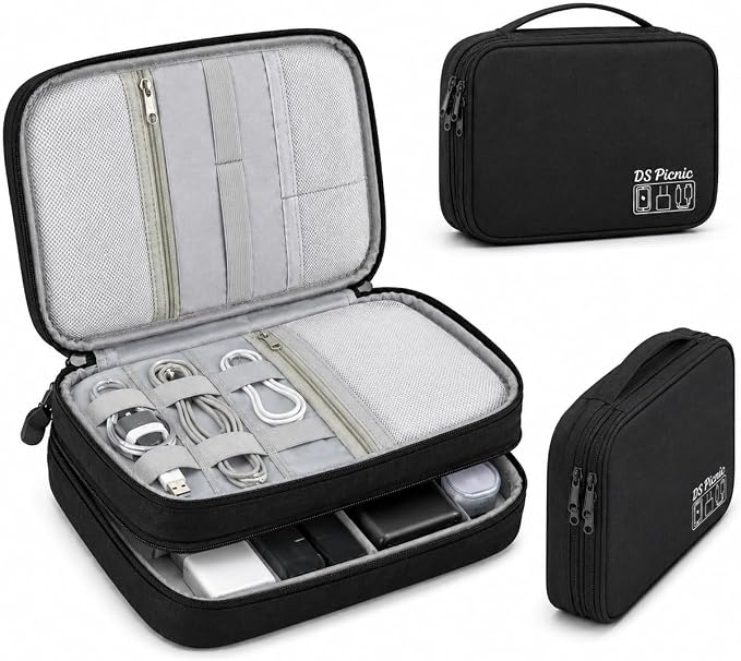 Electronic Organizer Travel Essentials Case, Waterproof Double Layer Cable Storage Pouch Bag for Charger, USB Cords, Power Bank, Phone Mouse SD Card Earphone Camera, Tablet (Up to 11 inch)