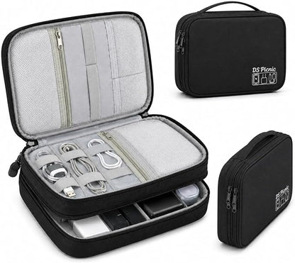 Electronic Organizer Travel Essentials Case, Waterproof Double Layer Cable Storage Pouch Bag for Charger, USB Cords, Power Bank, Phone Mouse SD Card Earphone Camera, Tablet (Up to 11 inch)
