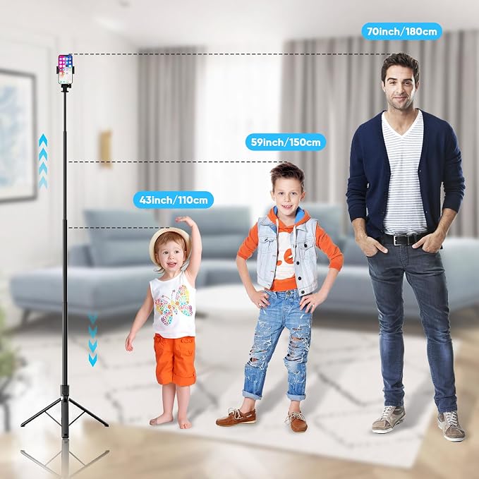 71’’ Tall Selfie Stick Tripod with Remote, 180cm Extendable Phone Tripod Stand with 360° Rotation, Portable Travel Tripod for iPhone 16 15 14 13 12 Pro Max Android GoPro