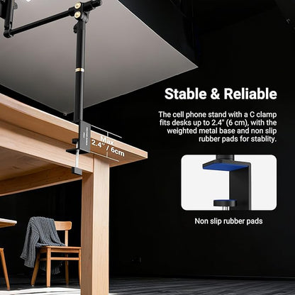 NEEWER Basics Overhead Phone Mount Holder Stand, Metal Desk Tripod Camera Rig Compatible with iPhone Android Samsung for Cooking Makeup Drawing Vlogging Live Streaming Filming Video Recording, ST013