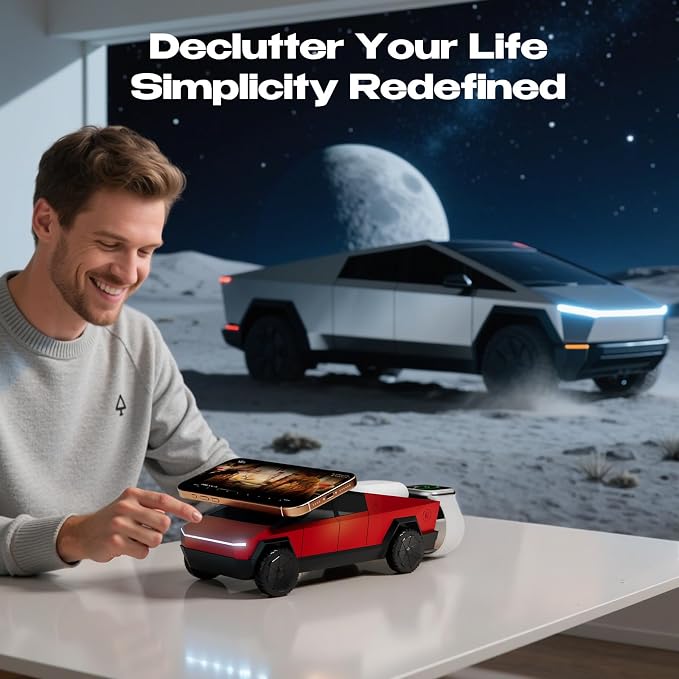 CyberDock 3-in-1 Wireless Charging Station, Cybertruck 1:25 Scale Charger with Qi2 Certified 15W Charging for iPhone iWatch AirPods, Magnetic Rotating Charger with Ambient Light, 30W Adapter, Red